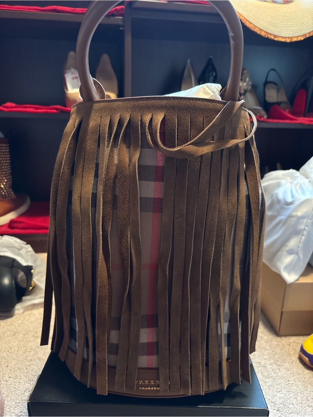 Burberry Brown Suede Fringe Tote with Check Interior